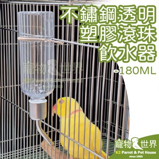 《寵物鳥世界》不鏽鋼透明塑膠滾珠飲水器-180ML | 玄鳳小太陽和尚月輪 中型中小型鳥鸚鵡籠內配件 XX085