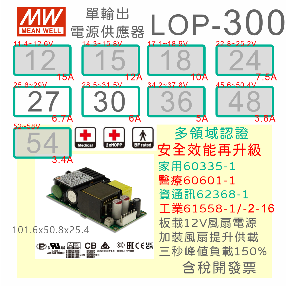 【保固附發票】MW 明緯 300W PFC PCB電源 LOP-300-27 27V 30 30V 變壓器 模組 主板