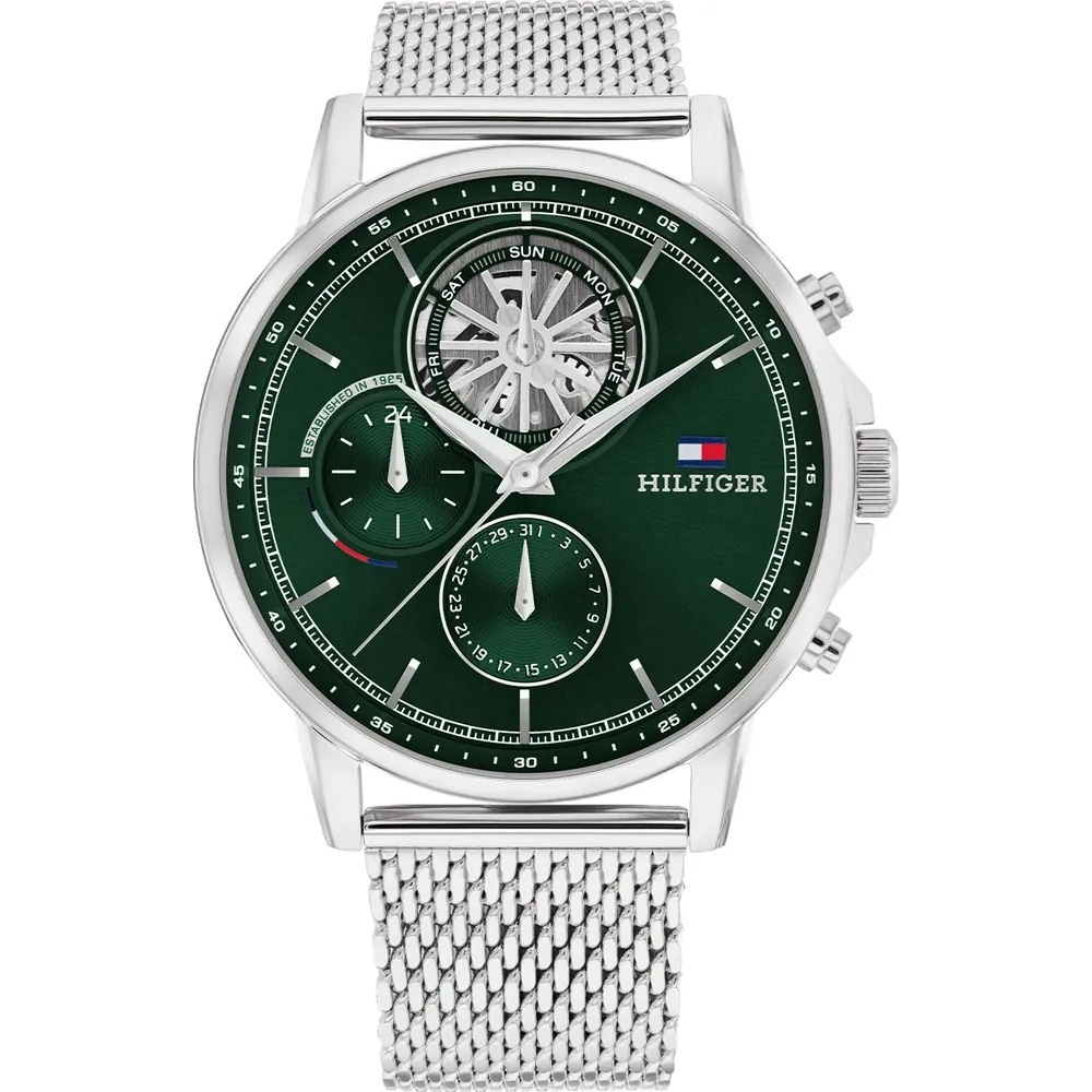 原廠公司貨【高雄時光鐘錶】Tommy Hilfiger 1710608 多功能 綠面 不銹鋼錶帶 紳士腕錶