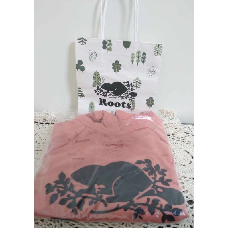 櫃上試穿 近全新😉專櫃購入Roots 女裝♥️粉藕色 粉色 經典 海狸 LOGO  連帽短版 上衣 衣服 帽T