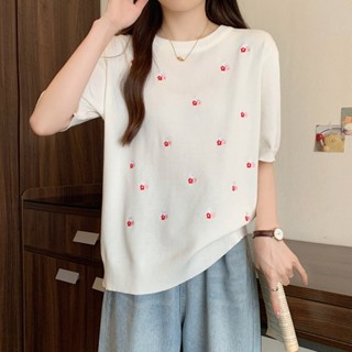 胖胖美依 上衣 短袖T卹 簡約 T恤衫 中大尺碼 M-4XL新款重工刺繡百搭短袖鏤空T恤上衣M B159.3039