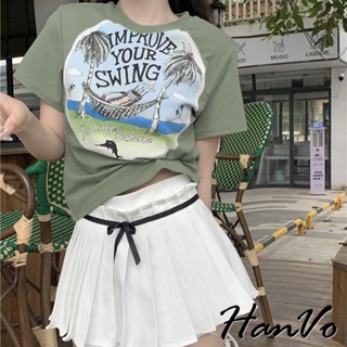 【HanVo】吊床高爾夫印花短版上衣 休閒透氣百搭獨特上衣 韓系女裝 女生衣著 A01-0191