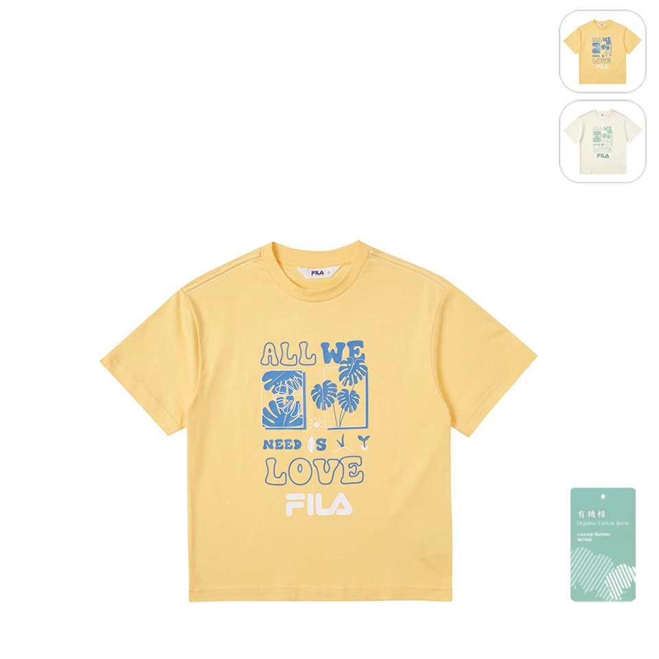 【FILA】KIDS 孩童款 短袖 純棉 運動圓領上衣-黃色 1TEX-4300-YE