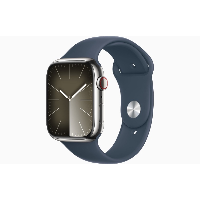 Apple Watch S9 (GPS+行動網路) 45mm 銀色不鏽鋼錶殼 風暴藍色運動型錶帶 S/M