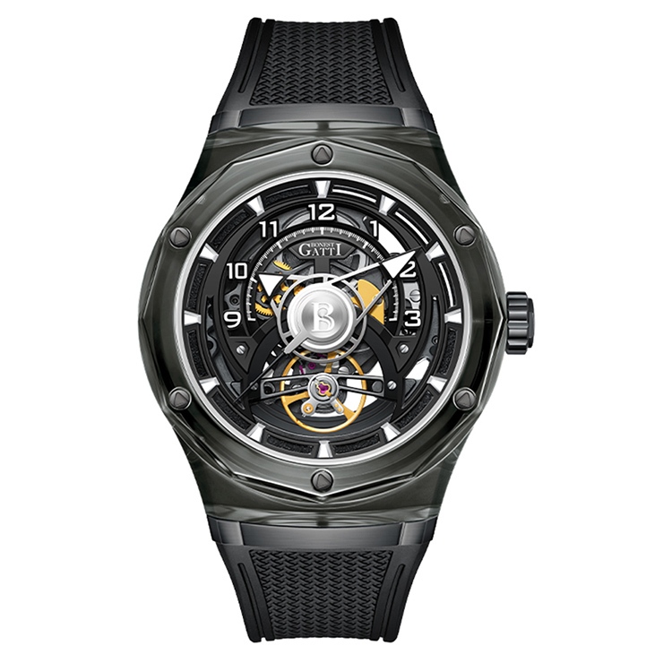 【For You】BONEST GATTI 布加迪 原廠授權 - 黑色黑框 鏤空酒桶造型 氟橡膠錶帶 自動上鍊機械腕錶
