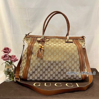 [我們的名牌精品店]~GUCCI卡其布+咖啡色牛皮方型 Bella TOTE Bag手提肩斜側背包#269946*特價*