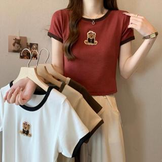 胖胖美依 短袖T卹 上衣 短款 簡約 小衫 中大尺碼 L-4XL新款卡通小熊刺繡圓領短袖上衣4F093-32336.