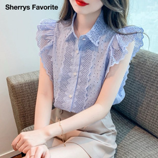 【Sherrys Favorite】臺灣現貨🔥巨美高質感甜美優雅修身顯瘦法式名媛氣質小香風藍色鏤空蕾絲荷葉邊短袖純棉襯衫