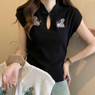 胖胖美依 短袖上衣 針織上衣 夏季刺繡中國風針織衫薄款設計感冰絲女TBF19A.2477