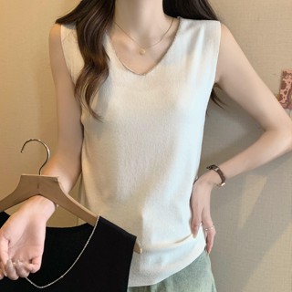 胖胖美依 V領上衣 背心上衣 無袖上衣 針織背心 內搭衣夏季v領拼鍊子吊帶設計感冰絲針織背心TBF19.2500