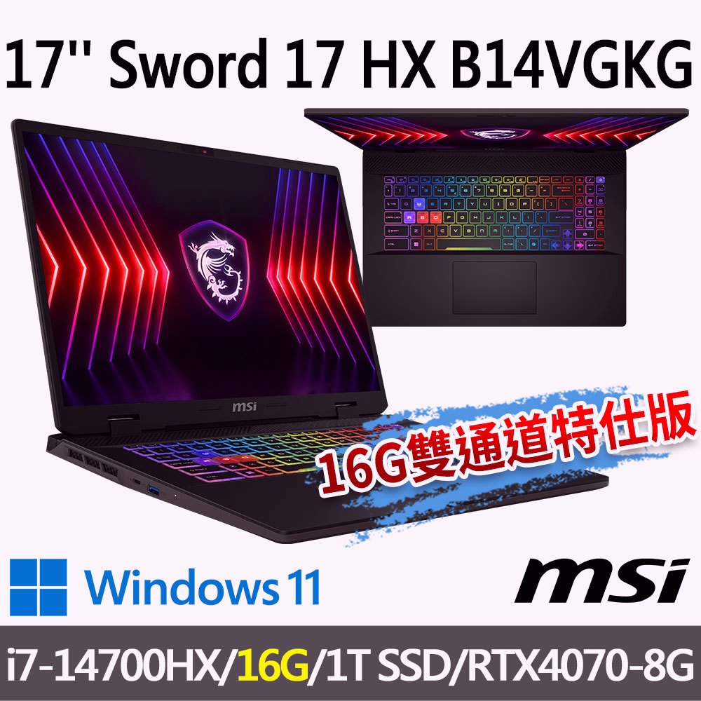 msi微星 Sword 17 HX B14VGKG-025TW 17吋 電競筆電-16G雙通道特仕版