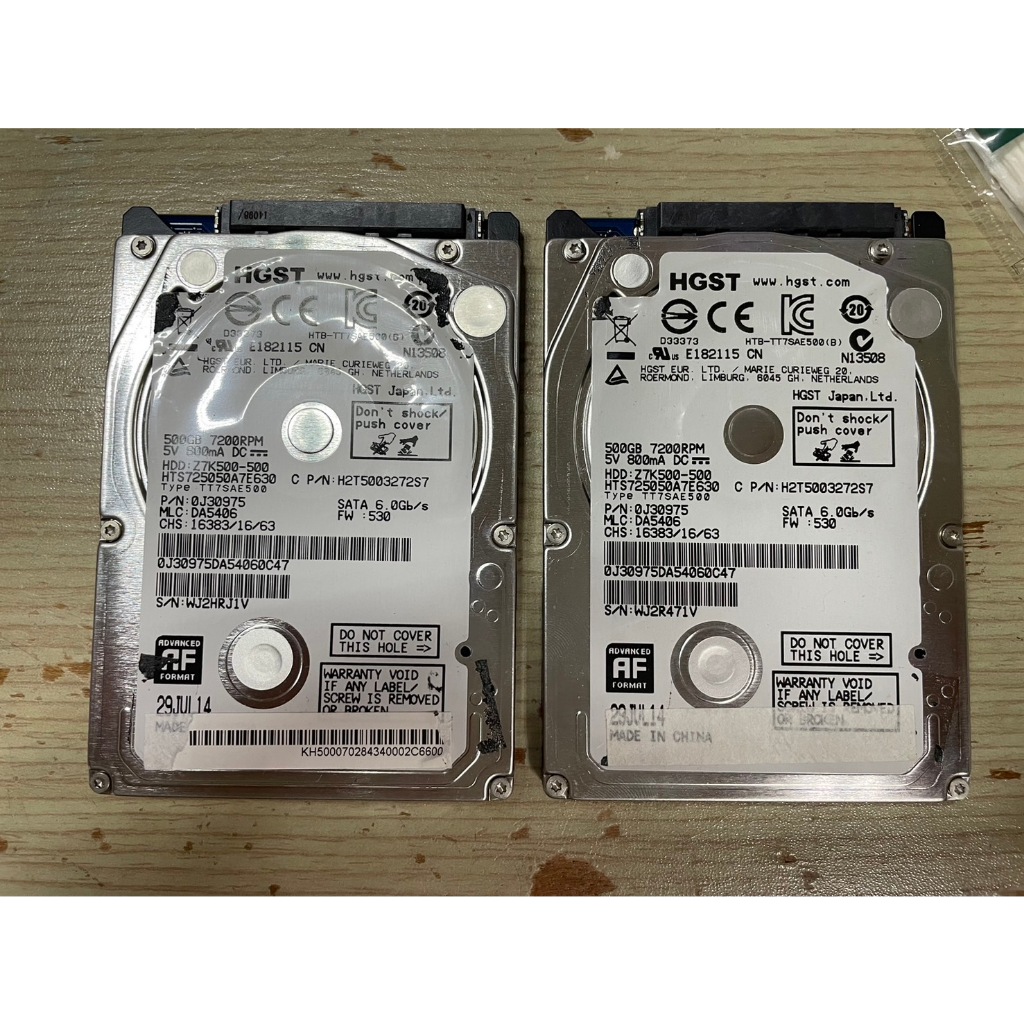 【二手良品】HGST 昱科 500G 2.5吋 筆電 SATA 硬碟 HTS725050A7E630 7mm 7200轉