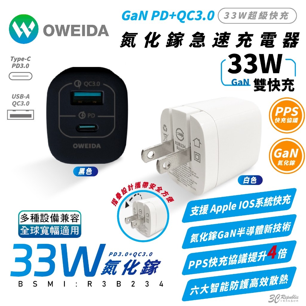 Oweida 33W GaN PD Type C A 充電器 充電頭 快充頭 適 iPhone 15 14 S24