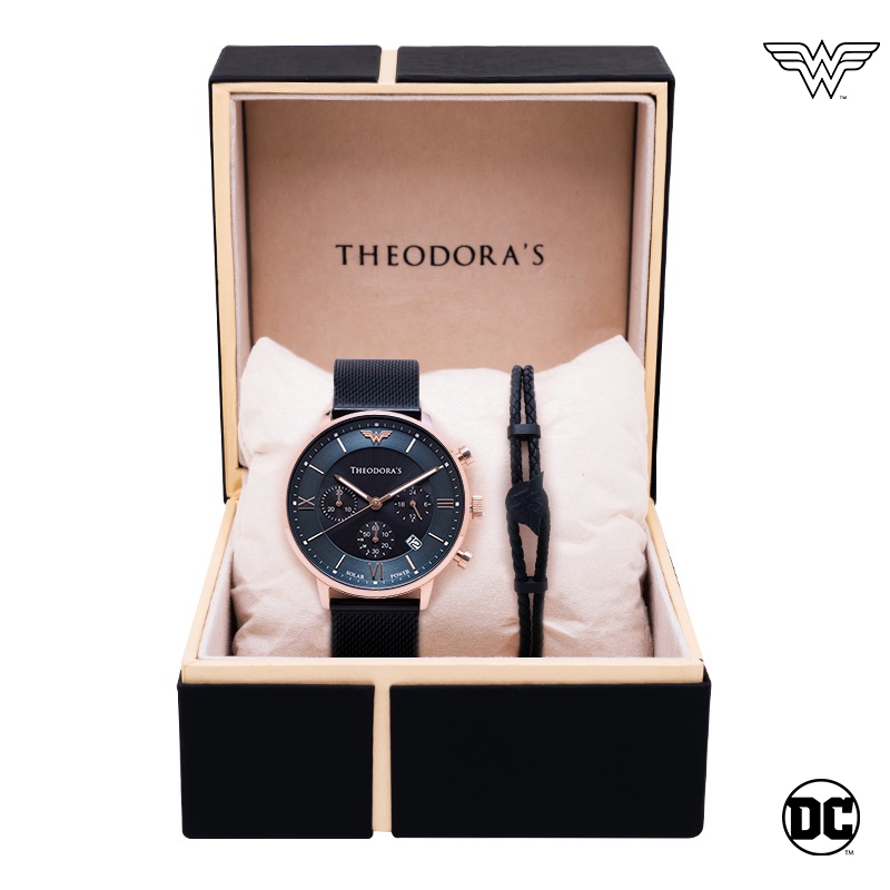 【THEODORA'S】手錶手鍊1+1禮盒-男款 神力女超人 手錶 (真皮編織手環-男款黑)【希奧朵拉】