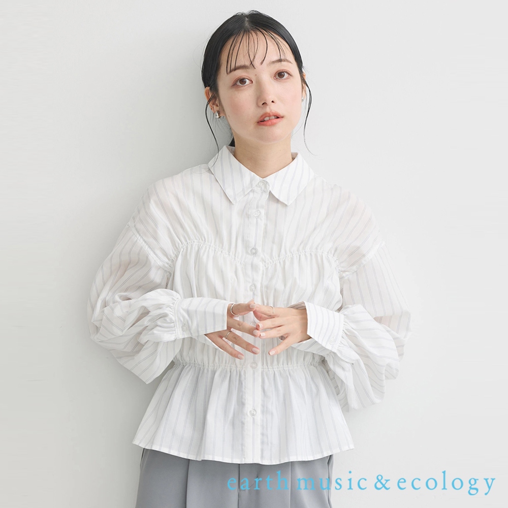 earth music&amp;ecology 直條紋馬甲褶飾設計長袖襯衫(1L42L0A1730)