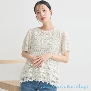 earth music&ecology 鏤空蕾絲拼接式設計圓領短袖上衣(1N42L2C0100)