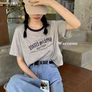 Waroom|現貨 S191 韓系短版美式撞色圓領棉質短袖T恤|女裝|字母印花|寬鬆|短款上衣|學生|短袖上衣|休閒上衣