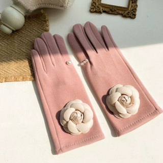 轉售粉紅色小香風訂製珍珠戒指山茶花手套保暖手套乾燥玫瑰粉色