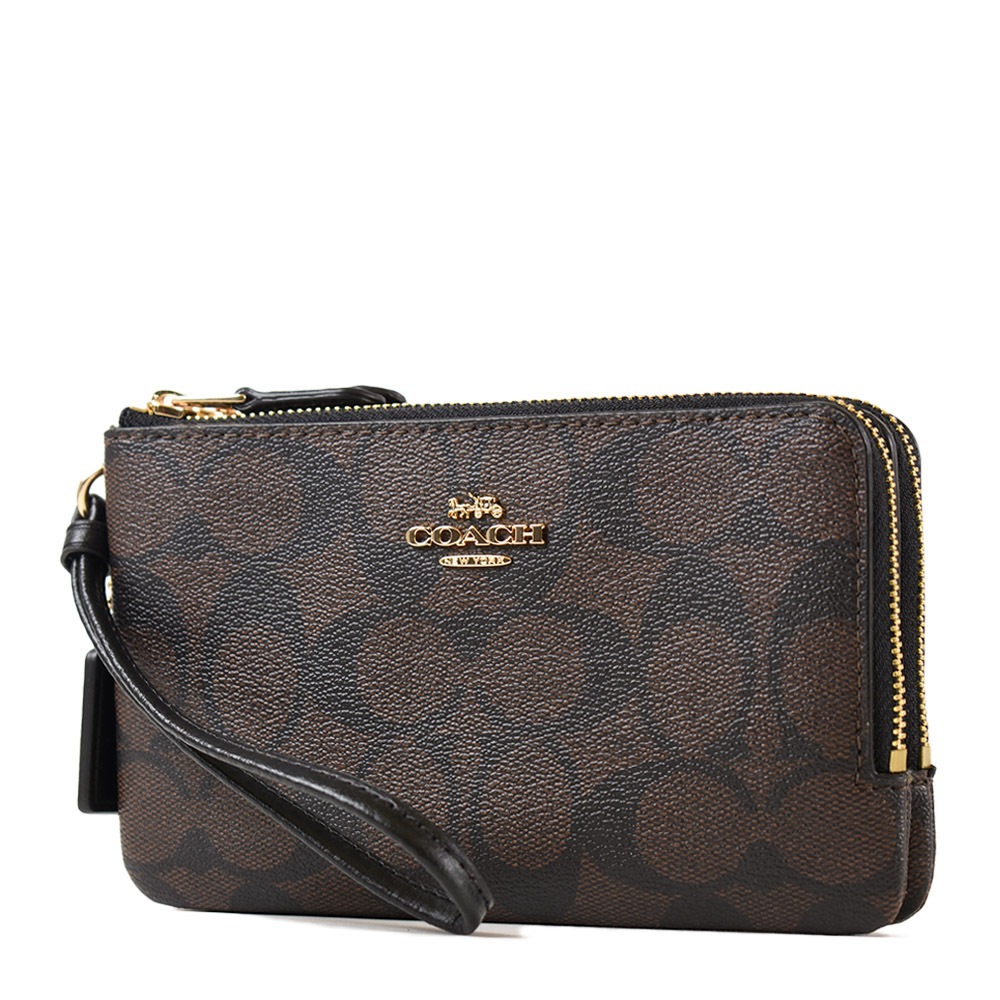 COACH 緹花LOGO雙層拉鍊手拿包-咖啡色 【美國正品現貨】