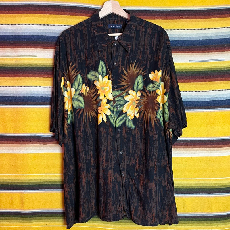 古著•Nuzi_s • puritan黑底黃花夏威夷襯衫 夏威夷襯衫、花襯衫 S3061832