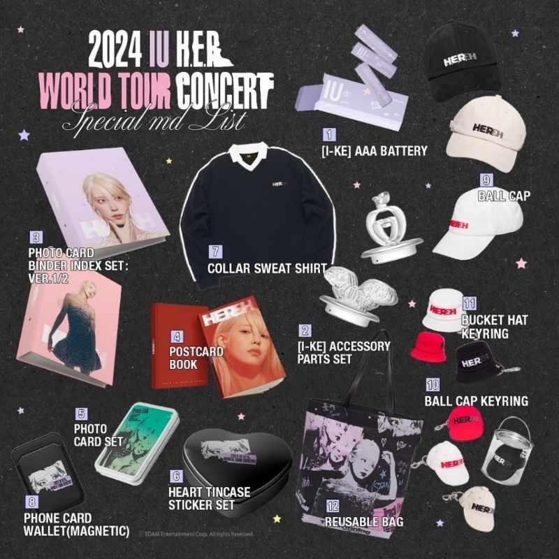 IU李知恩2024 IU H.E.R. WORLD TOUR CONCERT鐵盒 紫粉卡冊 歌詞本 崔弟專輯 鴨舌帽