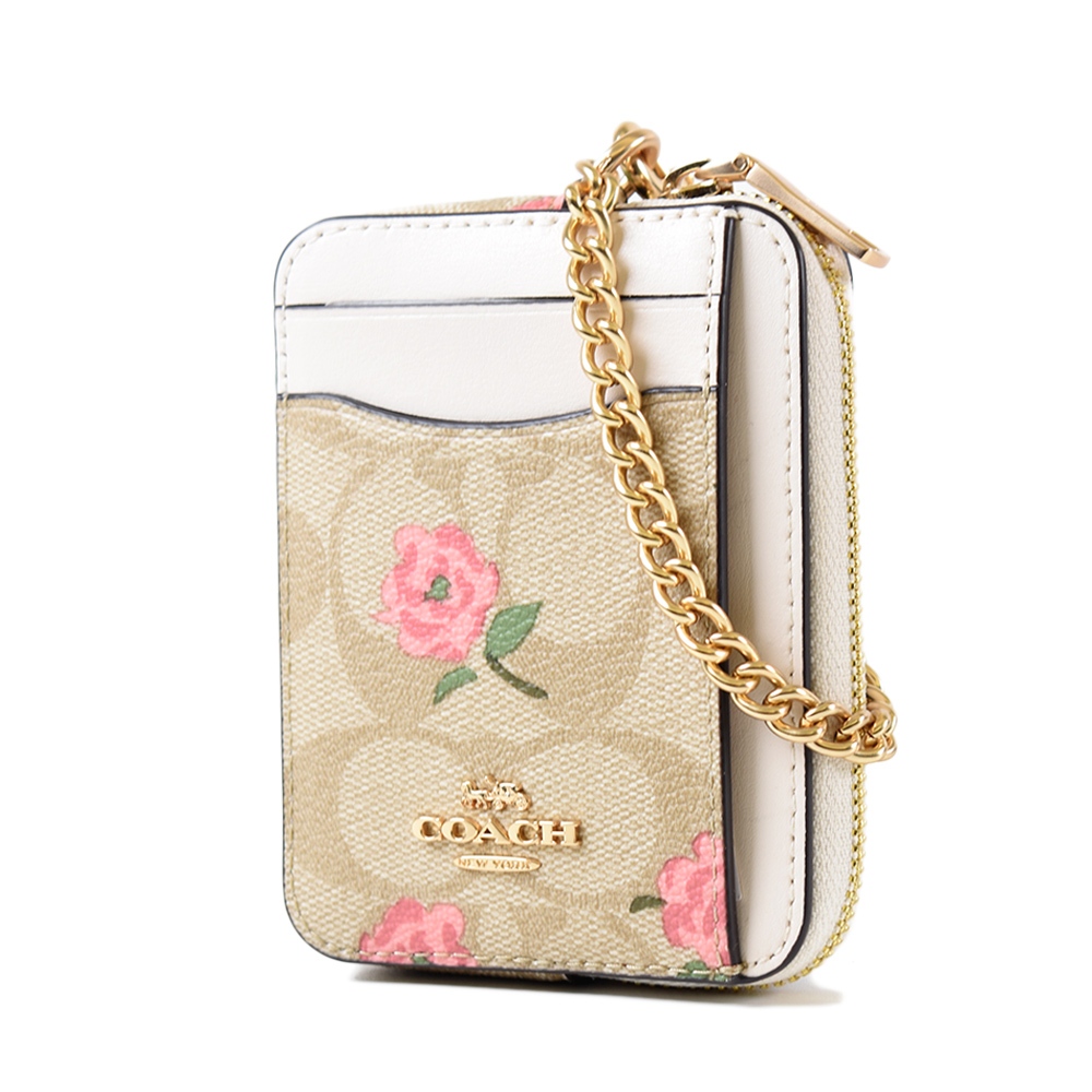 COACH 玫瑰緹花LOGO防刮鍊帶證件零錢包-白色【美國正品 現貨】