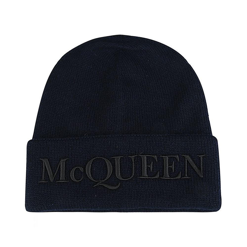 ALEXANDER McQUEEN字母刺繡LOGO設計羊絨毛帽(海軍藍x黑)