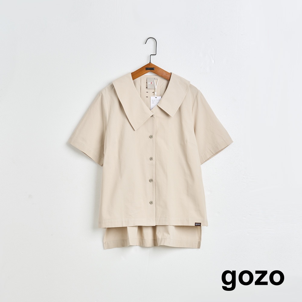 【gozo】➤造型領前短後長短袖襯衫(米黃/粉色_F) | 女裝 襯衫領 休閒