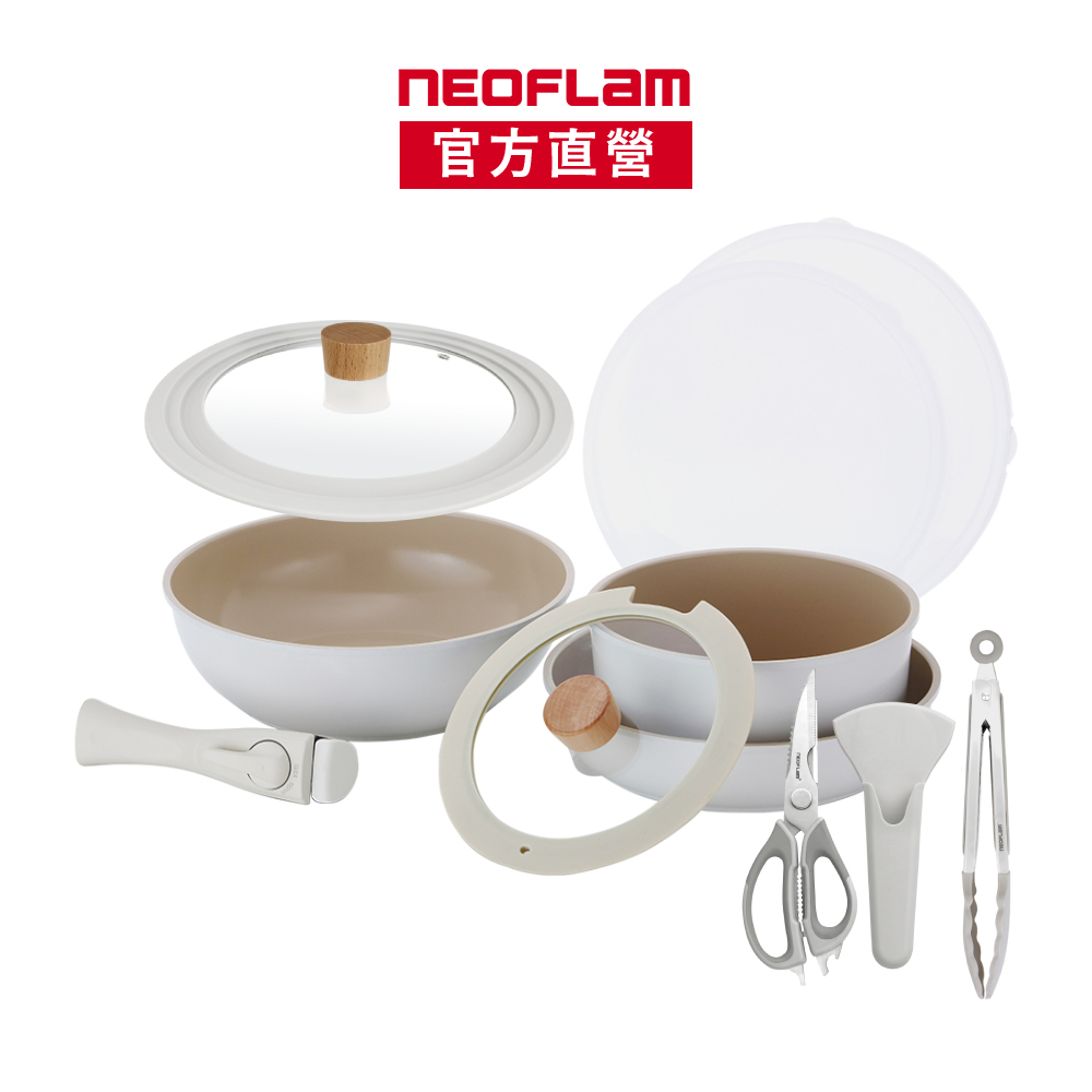 NEOFLAM實用露營組(Midas Plus陶瓷塗層鍋8件組+廚房料理剪刀三件組+多功能矽膠鍋蓋24-26-28公分)