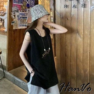 【HanVo】素色寬鬆長版無袖背心 設計感親膚舒適百搭上衣 休閒韓系女裝 女生衣著 0176