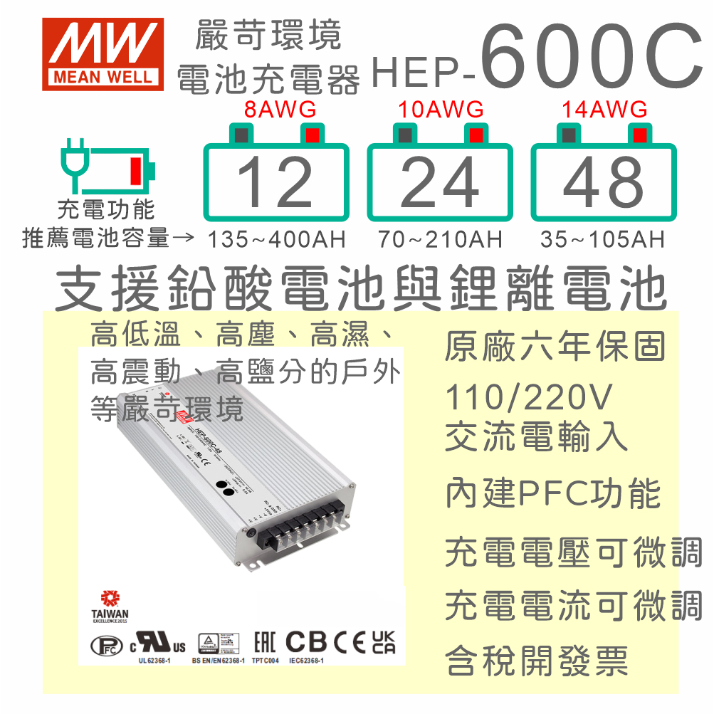 【保固附發票】明緯 600W 鉛酸 鋰離電池 嚴苛環境充電器 HEP-600C-12 12V 24 24V 48 48V