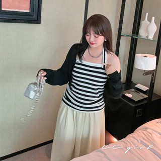 CCGIRL中大尺碼 仲夏條紋掛脖短版背心上衣-適L～4L《N0161》大尺碼女裝 中大尺碼上衣