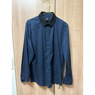 （二手）H&M 男生麂皮拼接襯衫 深藍 休閒正式襯衫