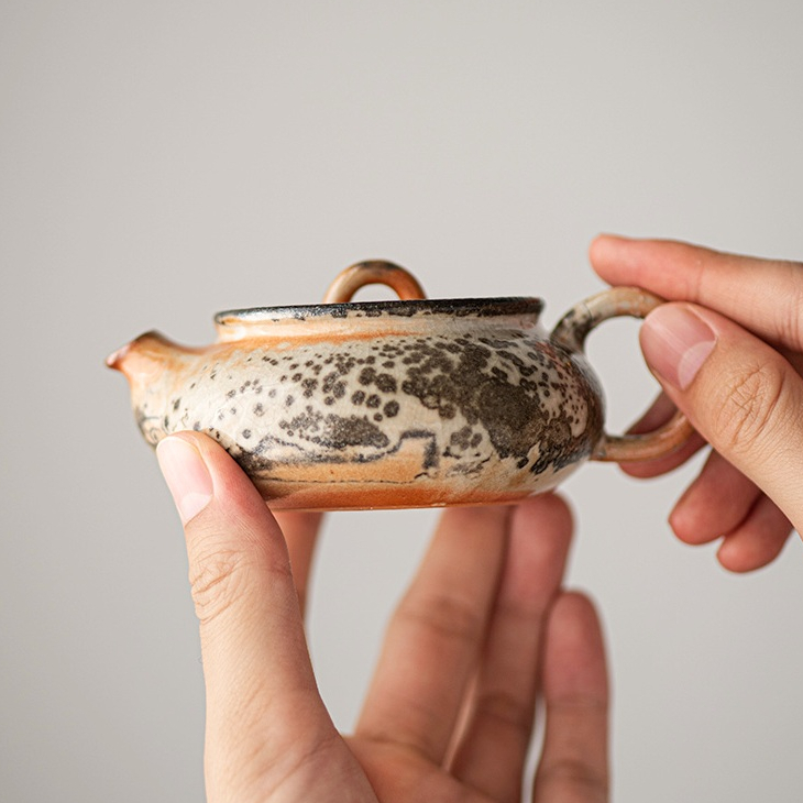 高級實木側把壺墨彩茶壺泡茶家用柴燒陶瓷復古窯變茶壺單壺泡茶器功夫茶具
