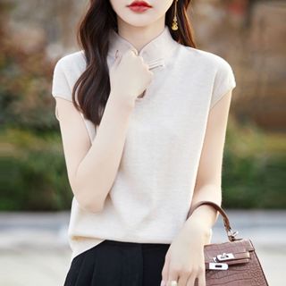 胖胖美依 短袖上衣 針織衫 上衣 新中式國風短袖春夏旗袍領盤扣寬鬆連肩袖針織T卹背心非A003-6371.