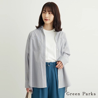 Green Parks 圓弧下擺開衩雙口袋條紋襯衫(6A33L0A0700)