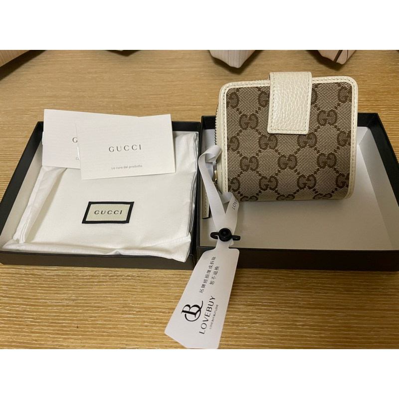 GUCCI 古馳 GUCCI雙G LOGO緹花布牛皮滾邊中夾(米x白)