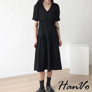 【HanVo】時尚氣質素色V領長裙 簡約寬鬆高級感洋裝 韓系女裝 女生衣著 3713
