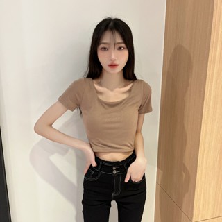 罩杯方領短版t恤【8198】Sandy33實拍春夏新款韓系INS休閒百搭氣質短袖T恤 胸墊上衣 短T 棉T合身T