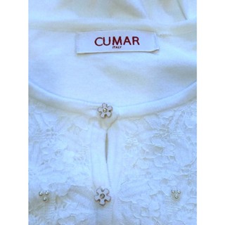 【CUMAR】花朵鏤空蕾絲鑲嵌珠飾針織開襟外套 白