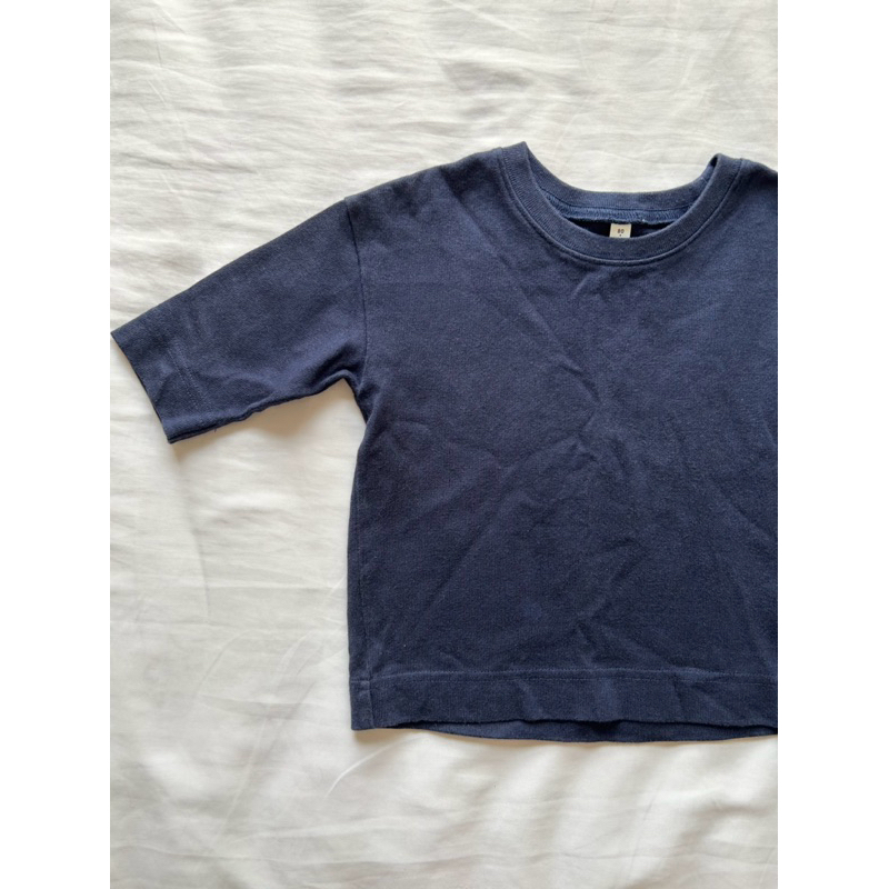 二手童衣童裝-男寶/女寶 無印良品Muji 藏青深藍色五分袖螺紋上衣T恤 #80-90cm