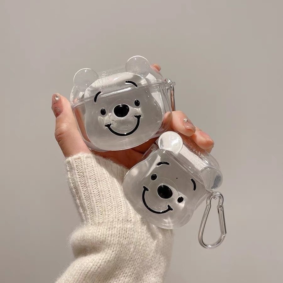 流沙立體維尼熊 透明硬殼 適用AirPods 1/2/3代保護套 配掛鉤 Airpods Pro2藍牙無線耳機保護殼