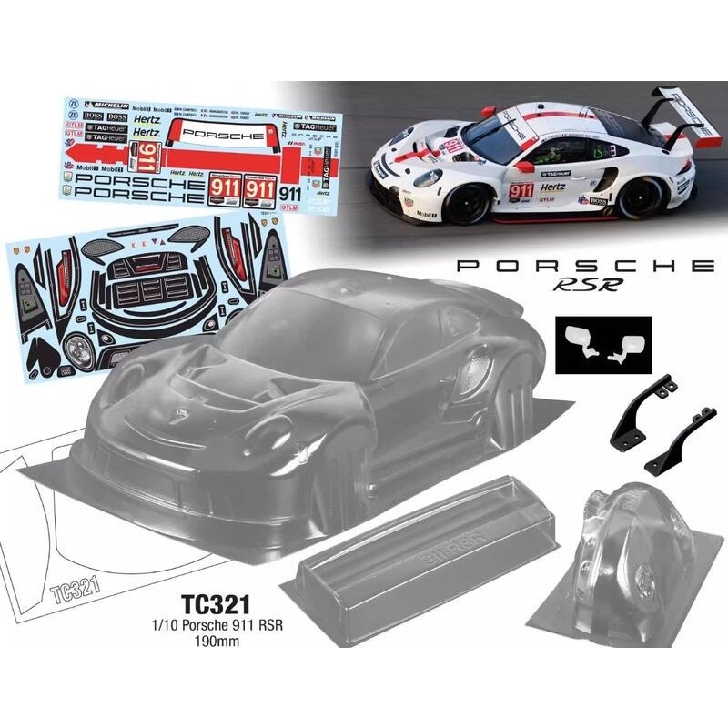 高達 Team C TC321 Porsche 911 RSR 1/10電動房車190mm用透明車殼組
