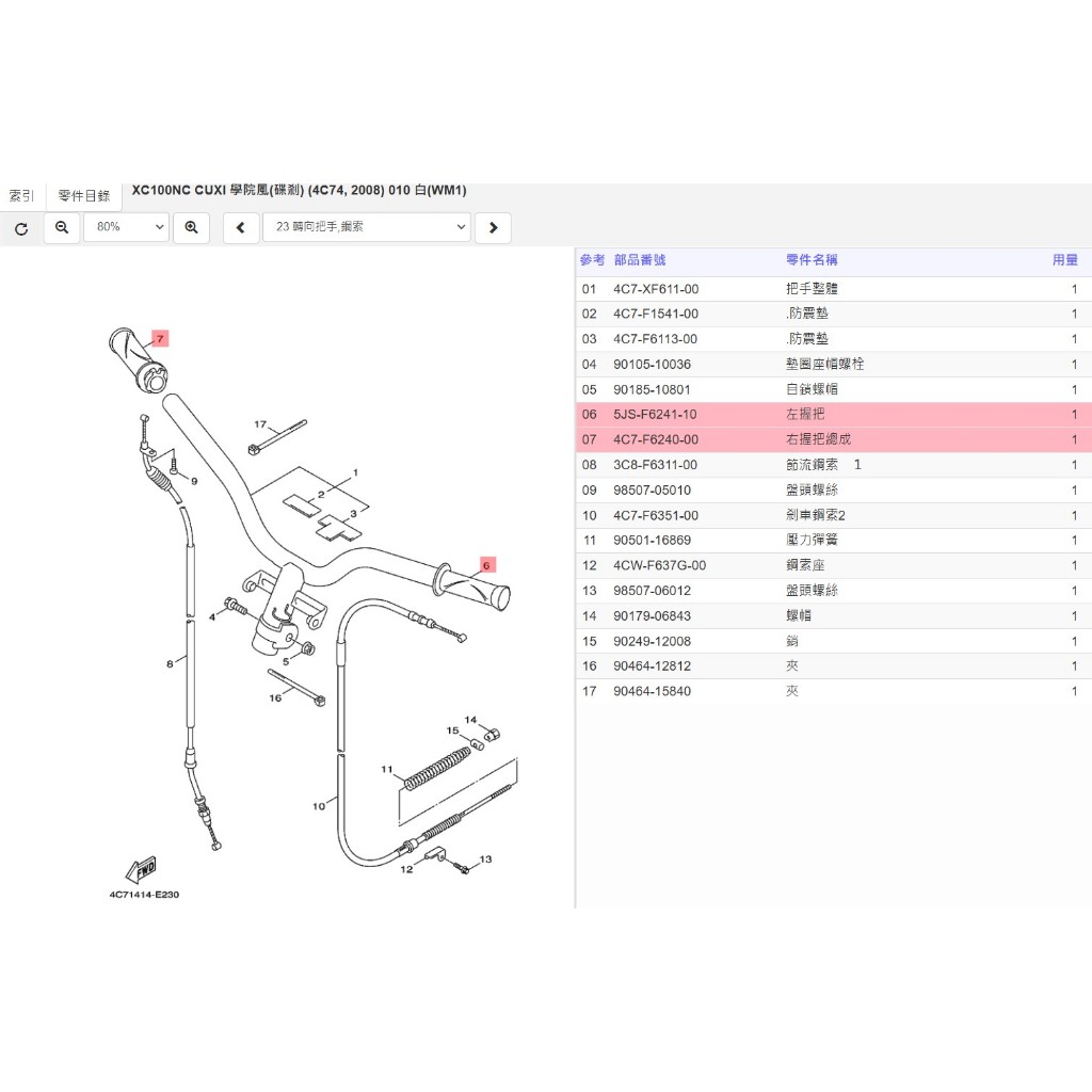 CUXi 100 化油版 原廠 左右握把套組含內管 把手套組 手把套 加油管(單油線) YAMAHA正廠零件