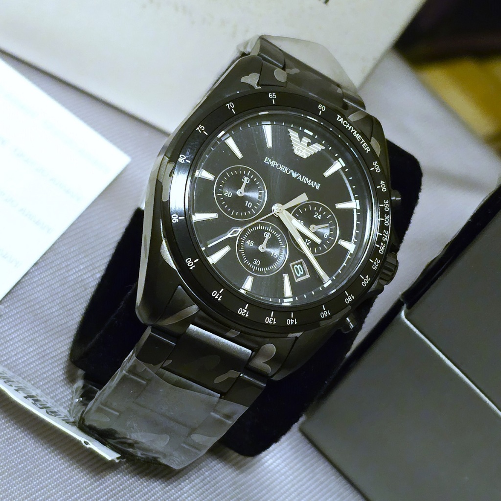 EMPORIO ARMANI 黑鋼 迷彩 三眼計時腕錶 (AR11027)