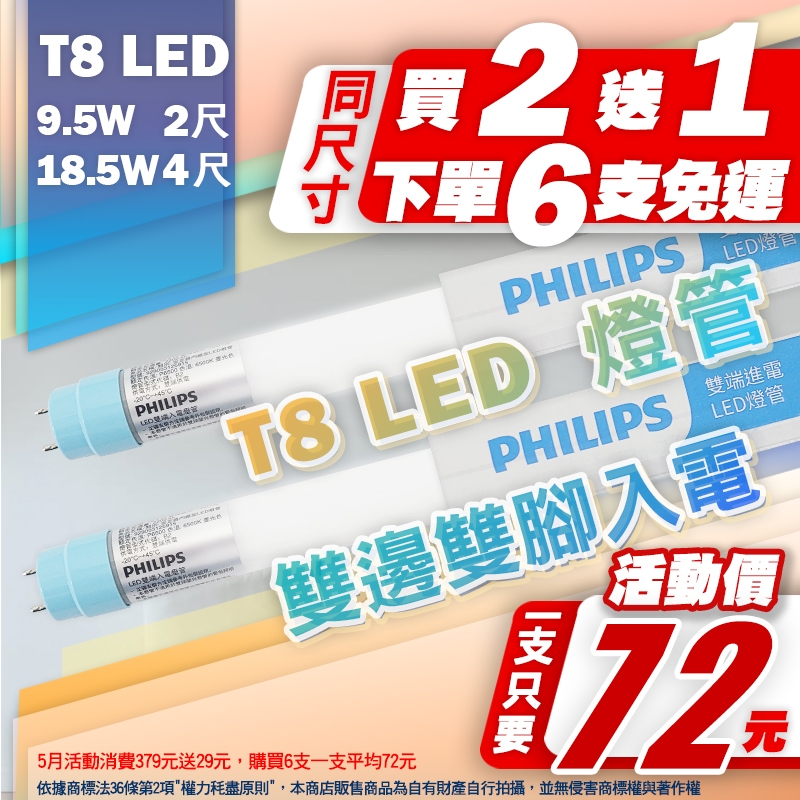 [喜萬年] 我最便宜 買二送一6支免運 飛利浦 LED 燈管 9.5W 18.5W T8 4尺2尺 雙端入電 無藍光 燈
