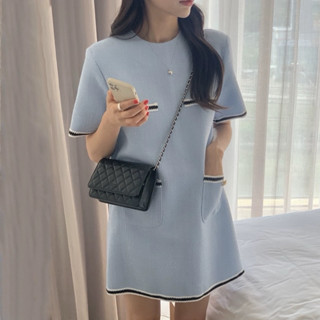 臺灣現貨快速出貨🚚韓系夏季小香風顯瘦圓領藍色黑色短洋裝