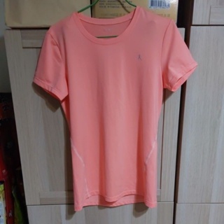 迪卡儂M號長版修身彈性螢光橘粉色運動排汗杉／短袖圓領T恤,少穿極新