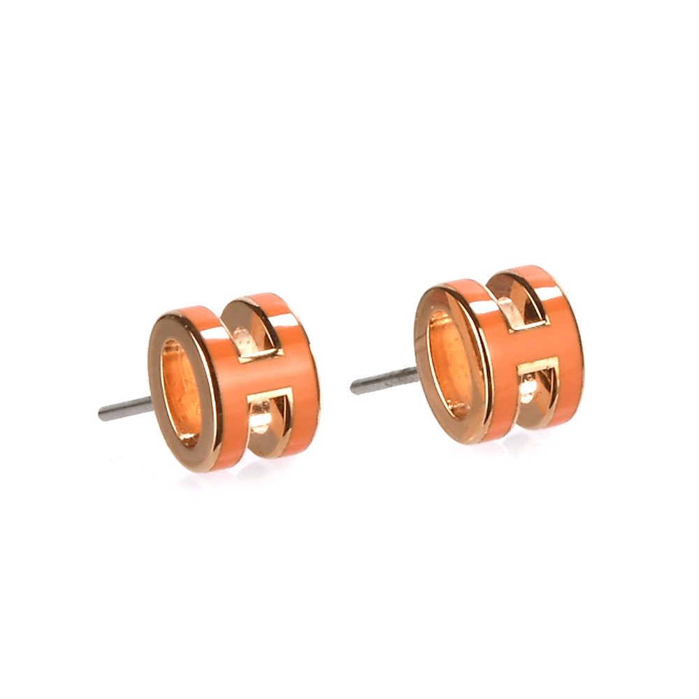 HERMES mini Pop H立體簍空橢圓針式耳環(橘/金)371028