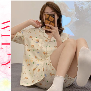 🌸WIE' Y🌸「日本家居服」短袖家居服 日系睡衣女 兩件式套裝 簡約甜美棉質家居服 短袖短褲家居服套裝 卡通睡衣套裝